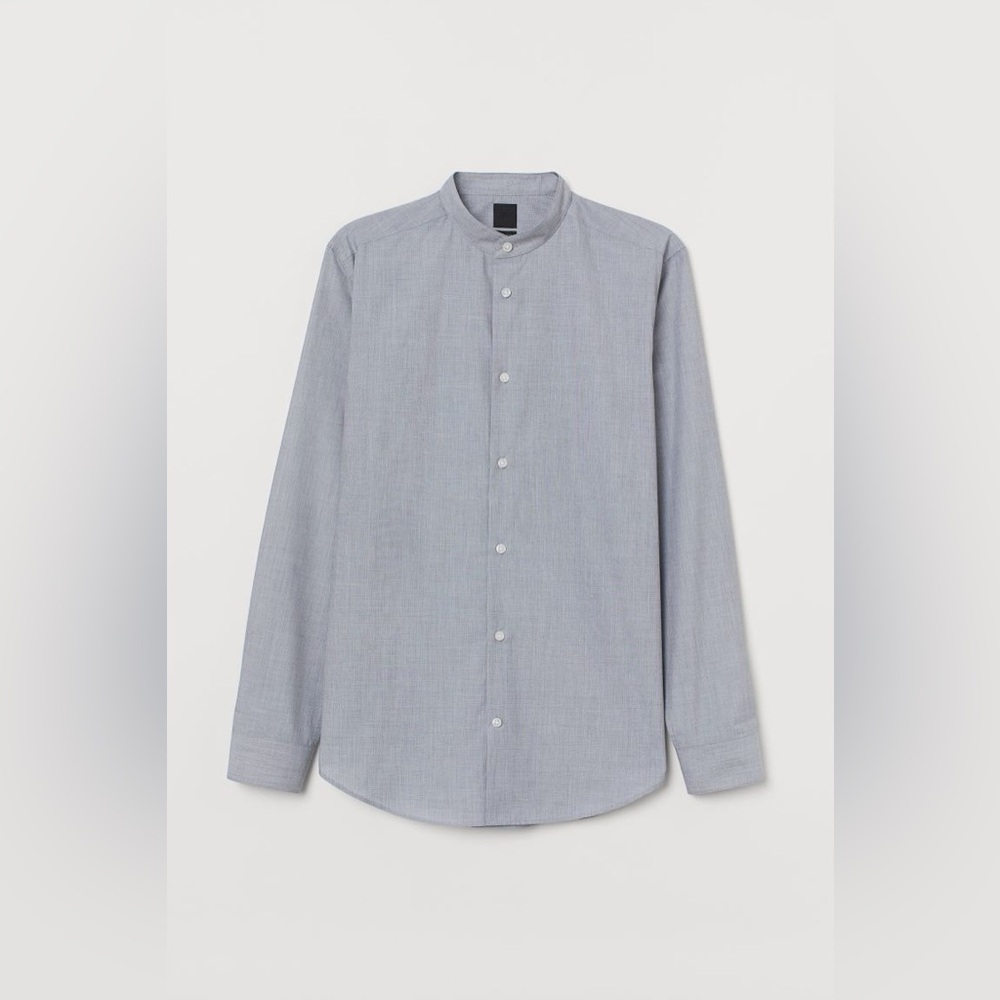 H&M long sleeve collarless button up shirt gray